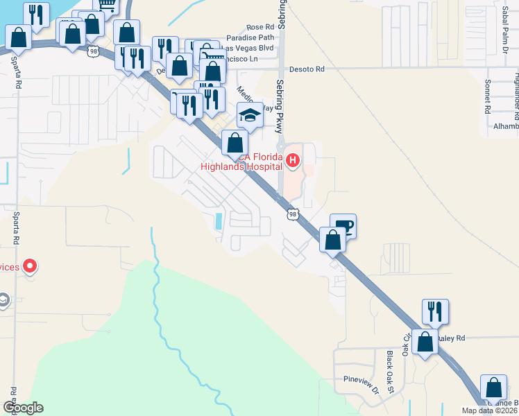 map of restaurants, bars, coffee shops, grocery stores, and more near West Virginia Drive in Sebring