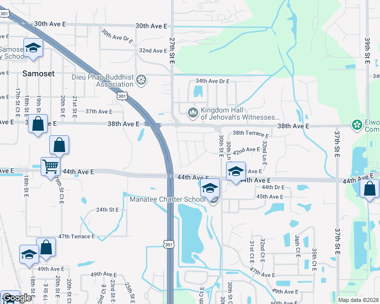 map of restaurants, bars, coffee shops, grocery stores, and more near 3806 30th Street East in Bradenton
