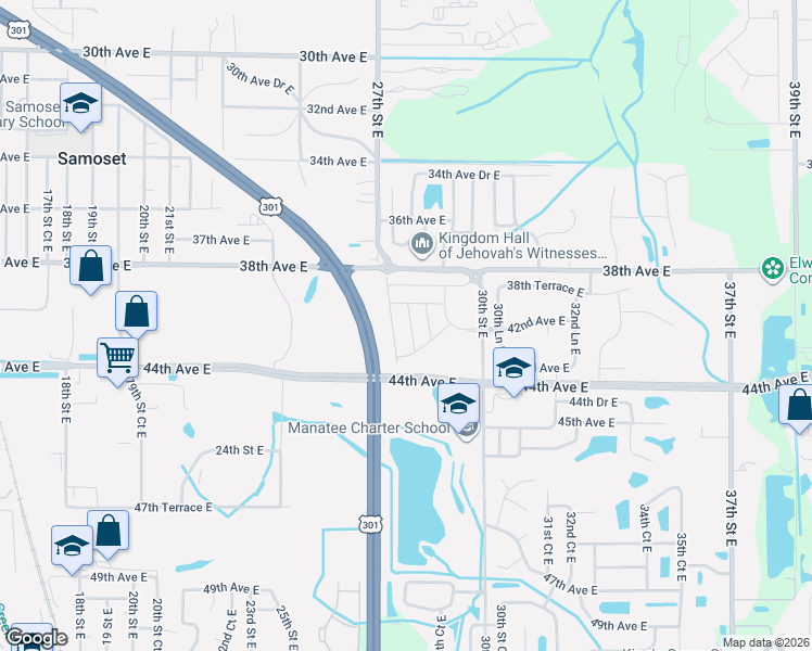 map of restaurants, bars, coffee shops, grocery stores, and more near 3806 30th Street East in Bradenton