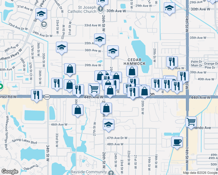 map of restaurants, bars, coffee shops, grocery stores, and more near 2504 43rd Avenue West in Bradenton