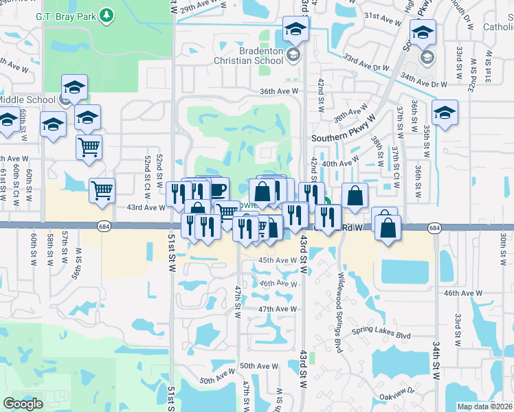 map of restaurants, bars, coffee shops, grocery stores, and more near 4530 Pinebrook Circle in Bradenton