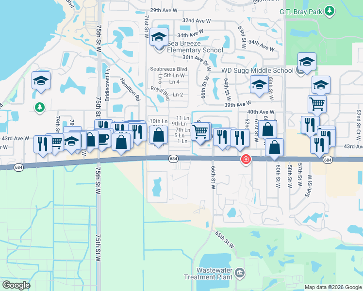 map of restaurants, bars, coffee shops, grocery stores, and more near 286 1 Lane in Bradenton