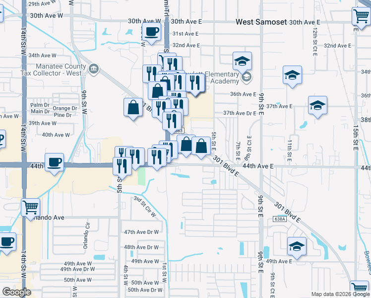 map of restaurants, bars, coffee shops, grocery stores, and more near 121 42nd Avenue East in Bradenton
