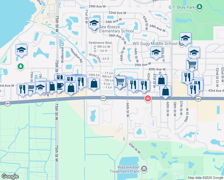 map of restaurants, bars, coffee shops, grocery stores, and more near 286 1 Lane in Bradenton