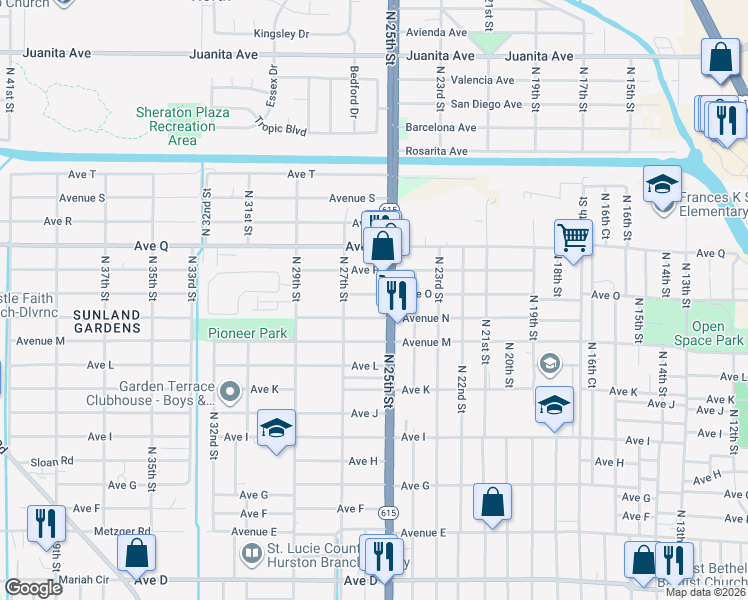 map of restaurants, bars, coffee shops, grocery stores, and more near 2505 Avenue O in Fort Pierce