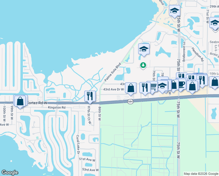 map of restaurants, bars, coffee shops, grocery stores, and more near 8504 43rd Avenue Drive West in Bradenton