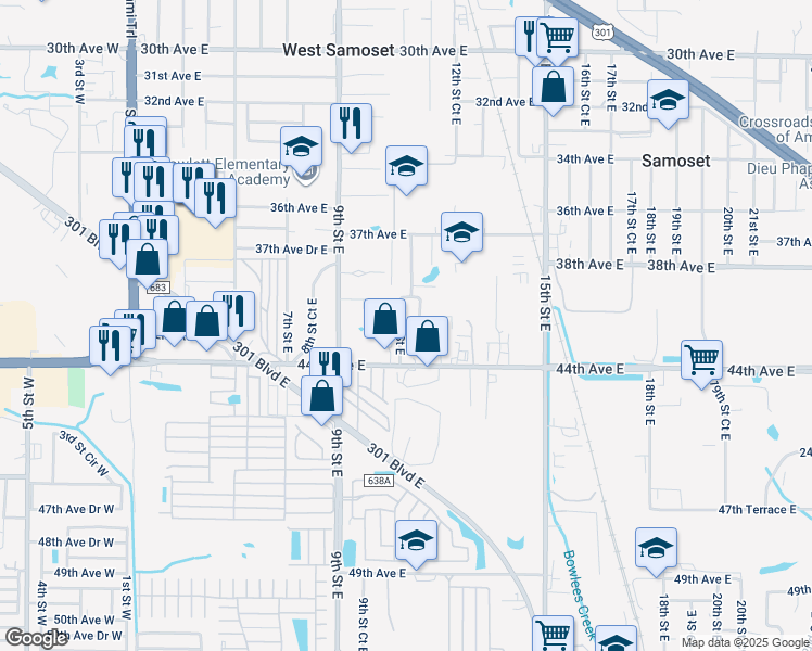 map of restaurants, bars, coffee shops, grocery stores, and more near 4125 11th Street East in Bradenton