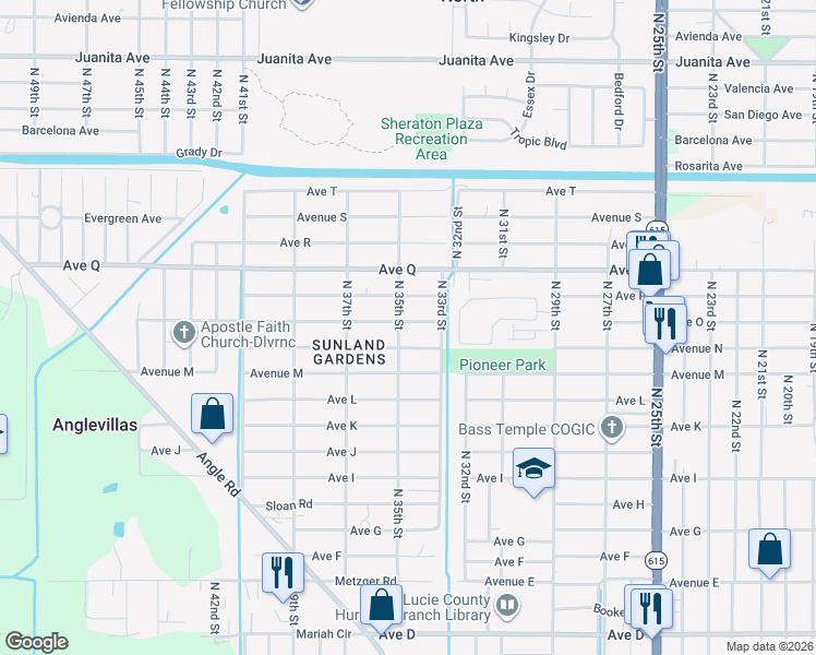 map of restaurants, bars, coffee shops, grocery stores, and more near 3407 Avenue O in Fort Pierce