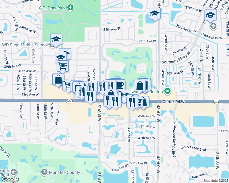 map of restaurants, bars, coffee shops, grocery stores, and more near 4460 Ironwood Circle in Bradenton