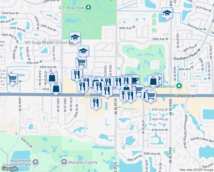 map of restaurants, bars, coffee shops, grocery stores, and more near 4211 52nd Street Court West in Bradenton