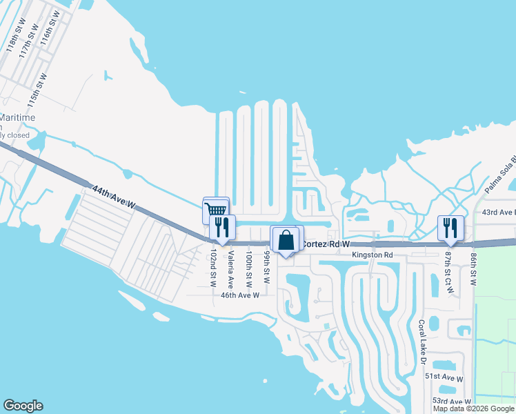 map of restaurants, bars, coffee shops, grocery stores, and more near 9904 Royal Palm Drive in Bradenton