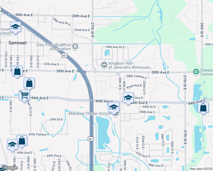map of restaurants, bars, coffee shops, grocery stores, and more near 3806 30th Street East in Bradenton