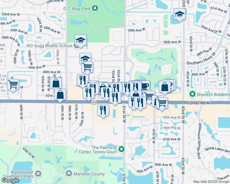 map of restaurants, bars, coffee shops, grocery stores, and more near 4211 52nd Street Court West in Bradenton