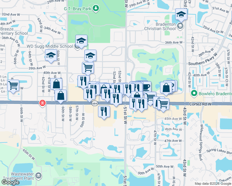 map of restaurants, bars, coffee shops, grocery stores, and more near 4211 52nd Street Court West in Bradenton