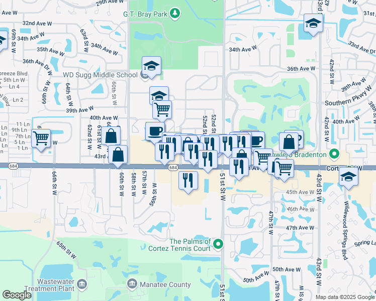 map of restaurants, bars, coffee shops, grocery stores, and more near 5316 43rd Avenue West in Bradenton