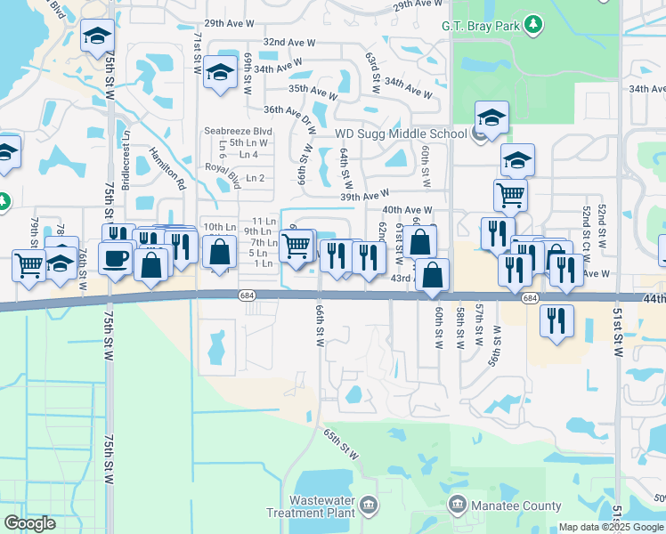 map of restaurants, bars, coffee shops, grocery stores, and more near 4305 66th Street West in Bradenton