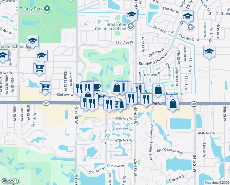 map of restaurants, bars, coffee shops, grocery stores, and more near 4530 Pinebrook Circle in Bradenton