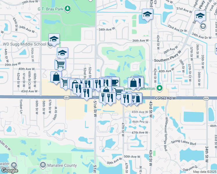 map of restaurants, bars, coffee shops, grocery stores, and more near 4460 Ironwood Circle in Bradenton