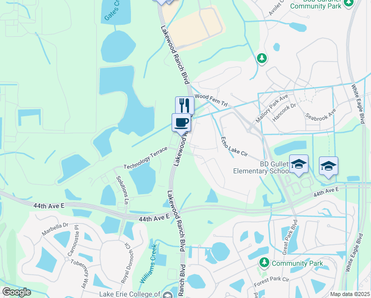 map of restaurants, bars, coffee shops, grocery stores, and more near 10915 Technology Terrace in Bradenton