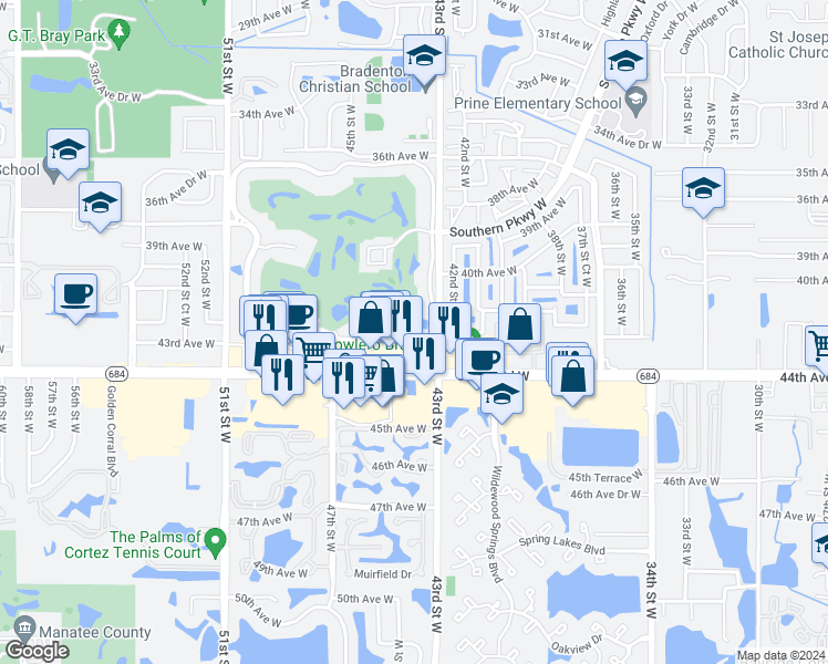 map of restaurants, bars, coffee shops, grocery stores, and more near 4302 Cortez Road West in Bradenton