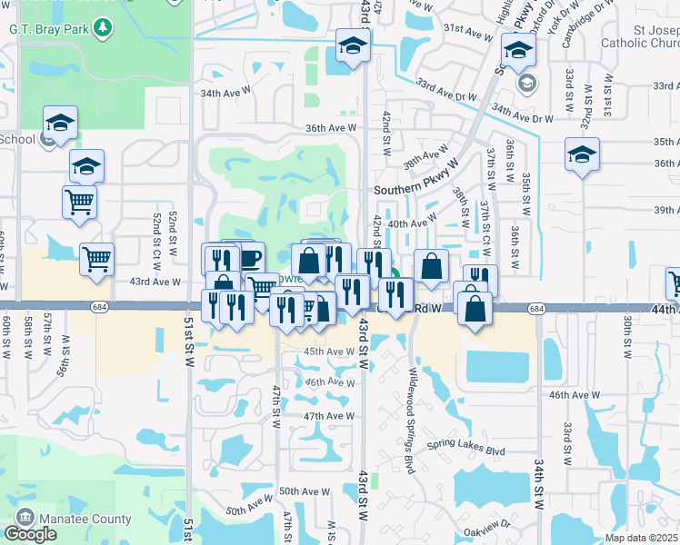 map of restaurants, bars, coffee shops, grocery stores, and more near 4302 Cortez Road West in Bradenton