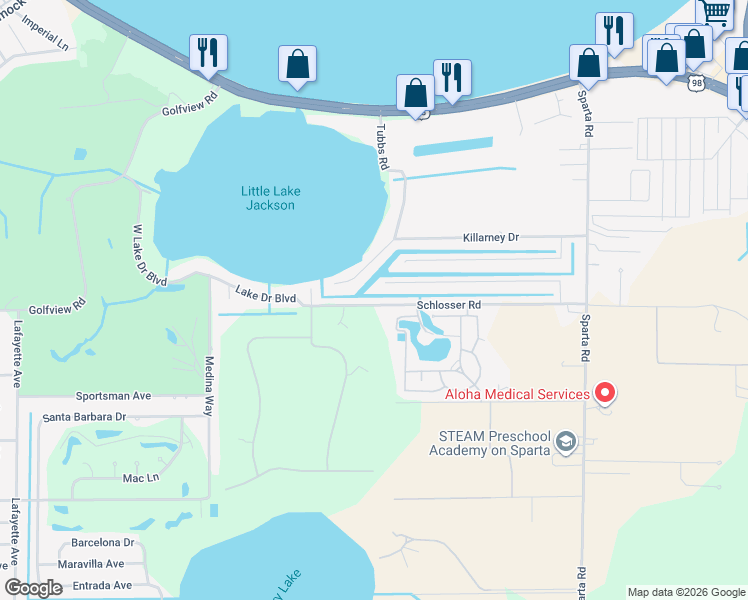 map of restaurants, bars, coffee shops, grocery stores, and more near 631 Schlosser Road in Sebring