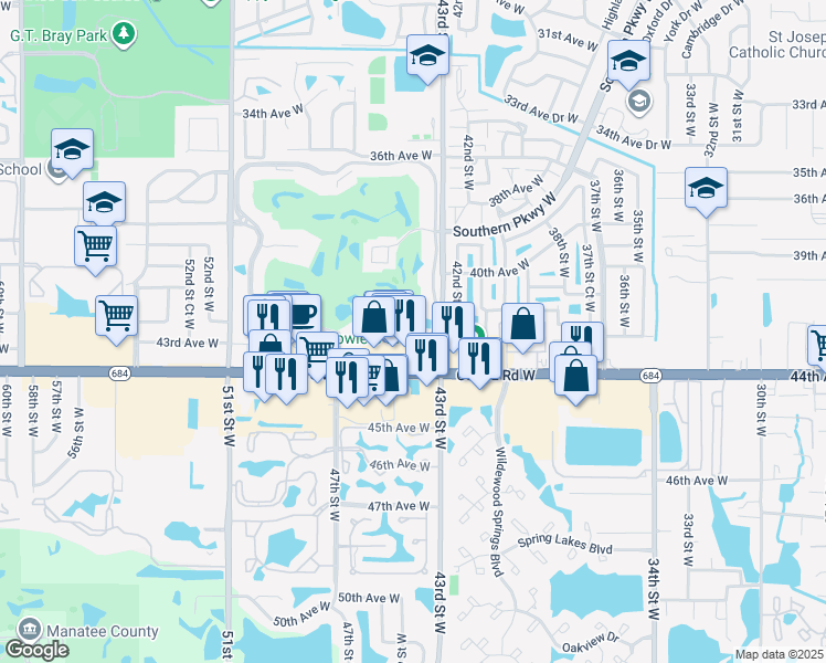 map of restaurants, bars, coffee shops, grocery stores, and more near 4302 Cortez Road West in Bradenton