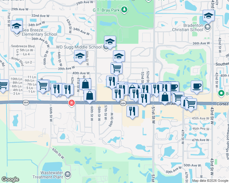 map of restaurants, bars, coffee shops, grocery stores, and more near 5702 State Highway 684 in Bradenton