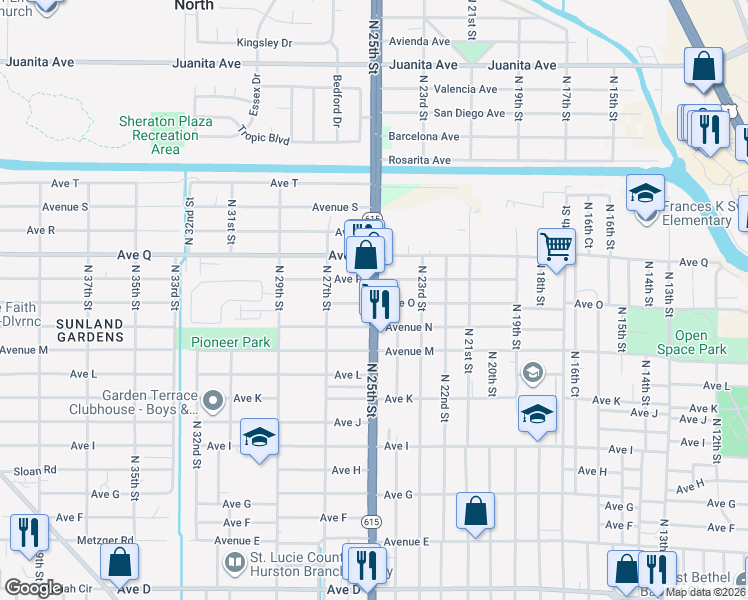 map of restaurants, bars, coffee shops, grocery stores, and more near 2505 Avenue O in Fort Pierce