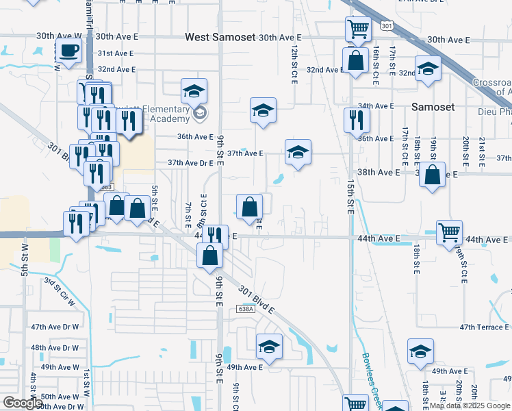 map of restaurants, bars, coffee shops, grocery stores, and more near 1028 42nd Terrace East in Bradenton