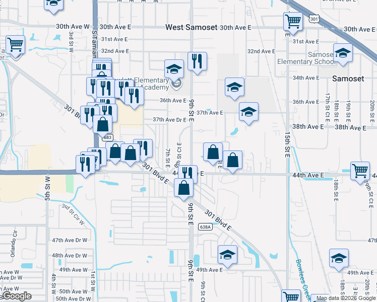 map of restaurants, bars, coffee shops, grocery stores, and more near 4201 8th Street Court East in Bradenton
