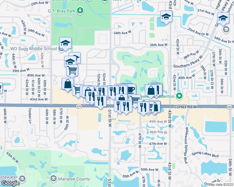 map of restaurants, bars, coffee shops, grocery stores, and more near 4440 Ironwood Circle in Bradenton