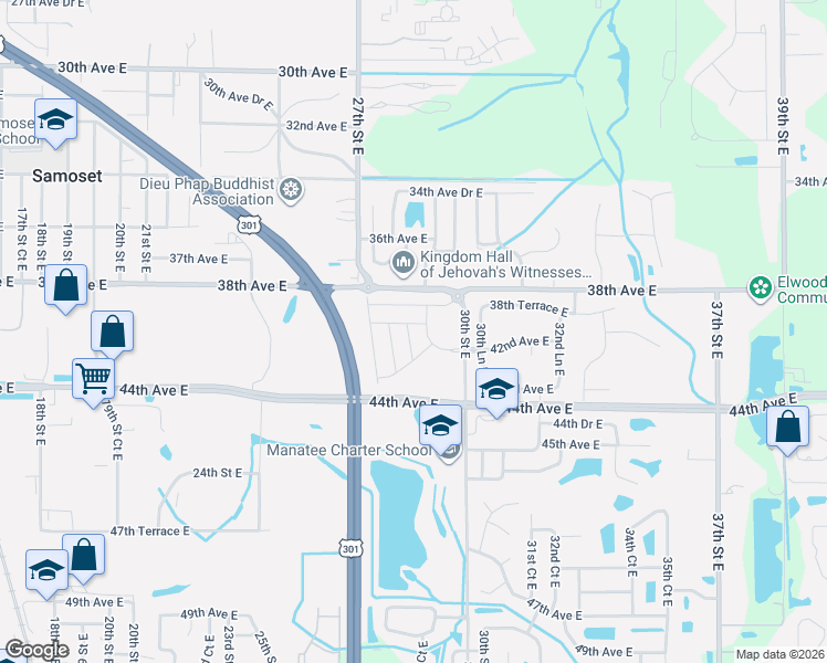 map of restaurants, bars, coffee shops, grocery stores, and more near 3806 30th Street East in Bradenton