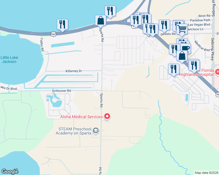 map of restaurants, bars, coffee shops, grocery stores, and more near 1855 Schlosser Road in Sebring