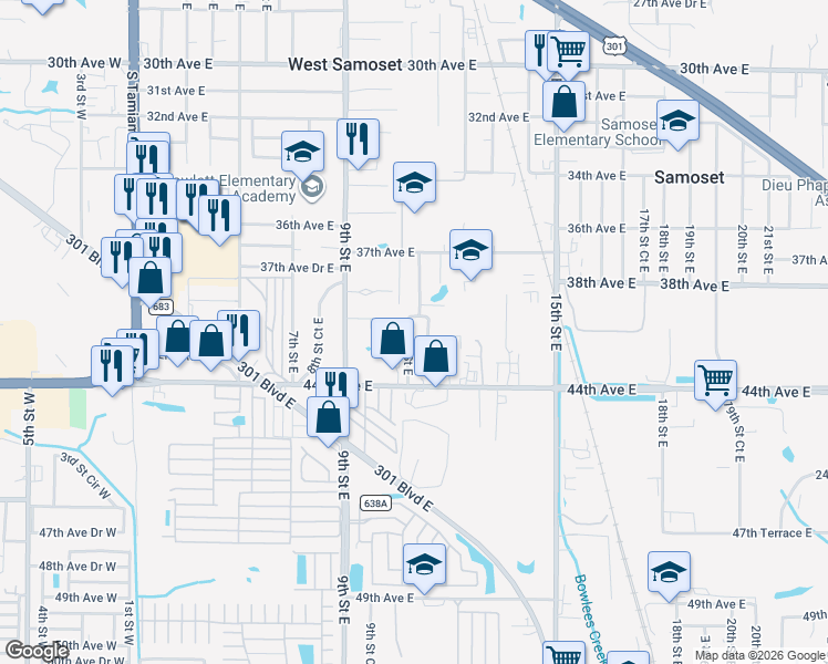 map of restaurants, bars, coffee shops, grocery stores, and more near 1028 42nd Terrace East in Bradenton