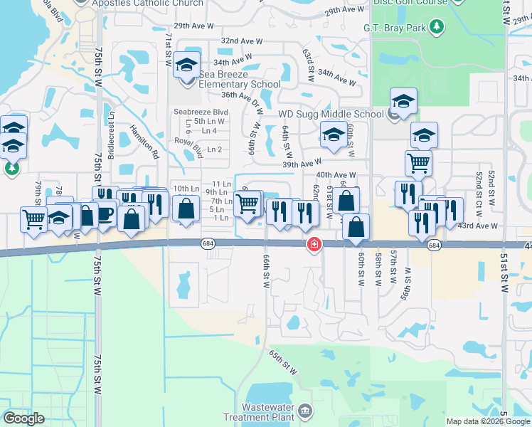 map of restaurants, bars, coffee shops, grocery stores, and more near 6620 Cortez Road West in Bradenton