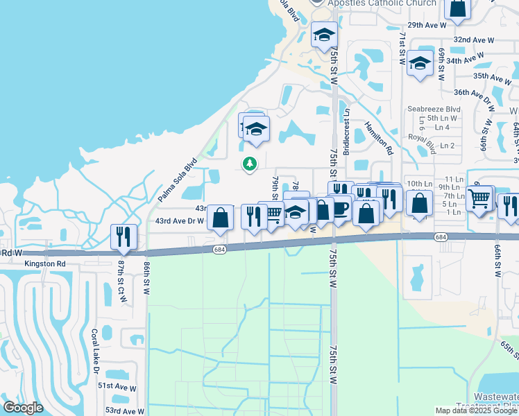 map of restaurants, bars, coffee shops, grocery stores, and more near 4315 80th Street West in Bradenton