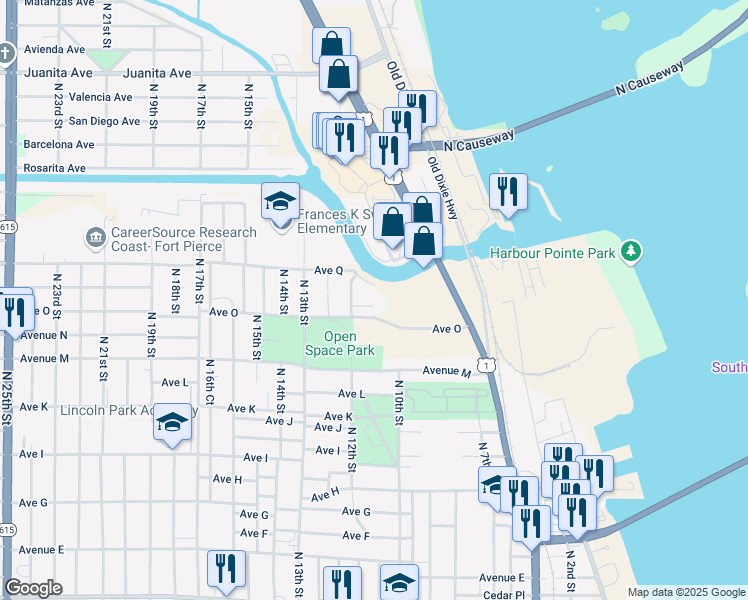 map of restaurants, bars, coffee shops, grocery stores, and more near 501 Bethany Court in Fort Pierce