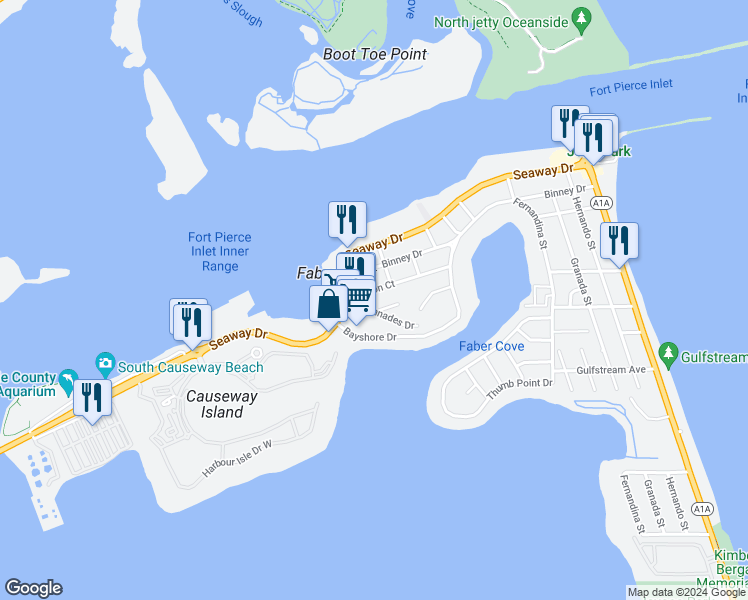 map of restaurants, bars, coffee shops, grocery stores, and more near 1180 Carlton Court in Fort Pierce
