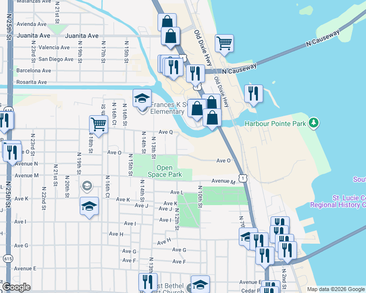 map of restaurants, bars, coffee shops, grocery stores, and more near 100 Bethany Court in Fort Pierce