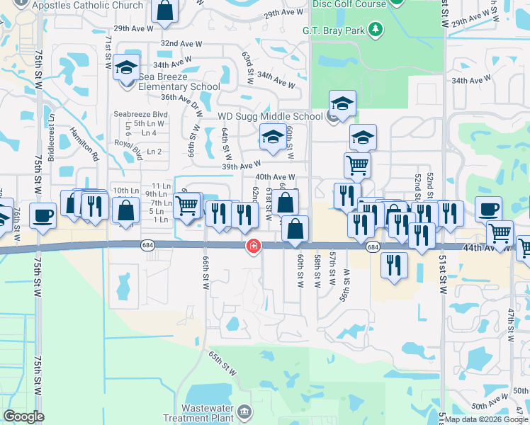 map of restaurants, bars, coffee shops, grocery stores, and more near 4116 61st Street West in Bradenton