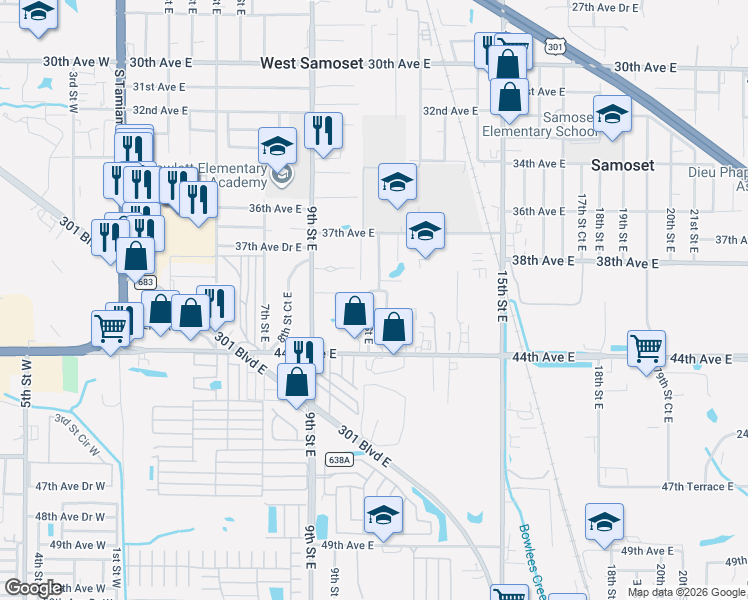 map of restaurants, bars, coffee shops, grocery stores, and more near 4016 11th Street East in Bradenton