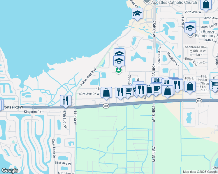 map of restaurants, bars, coffee shops, grocery stores, and more near 8212 43rd Avenue West in Bradenton