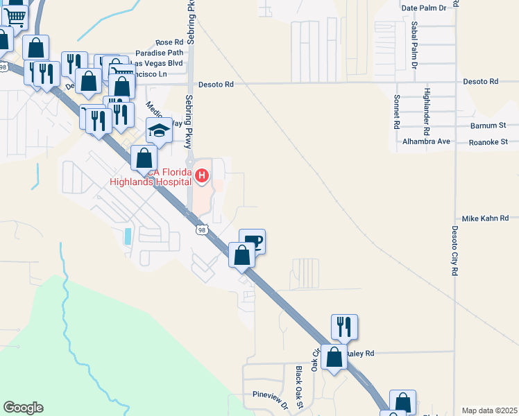 map of restaurants, bars, coffee shops, grocery stores, and more near 2010 Village Grove Boulevard in Sebring