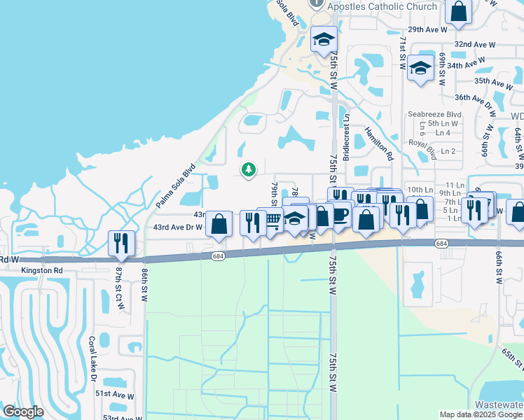 map of restaurants, bars, coffee shops, grocery stores, and more near 4112 79th Street West in Bradenton