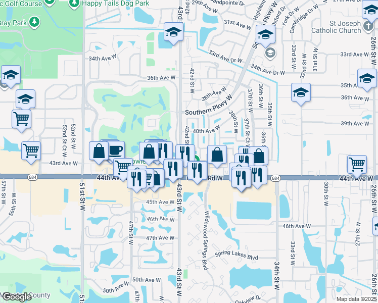 map of restaurants, bars, coffee shops, grocery stores, and more near 4106 42nd Street West in Bradenton