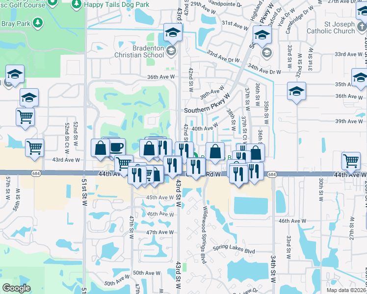 map of restaurants, bars, coffee shops, grocery stores, and more near 4106 42nd Street West in Bradenton