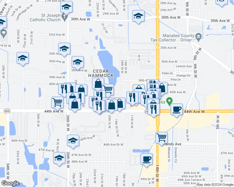 map of restaurants, bars, coffee shops, grocery stores, and more near 4000 20th Street West in Bradenton