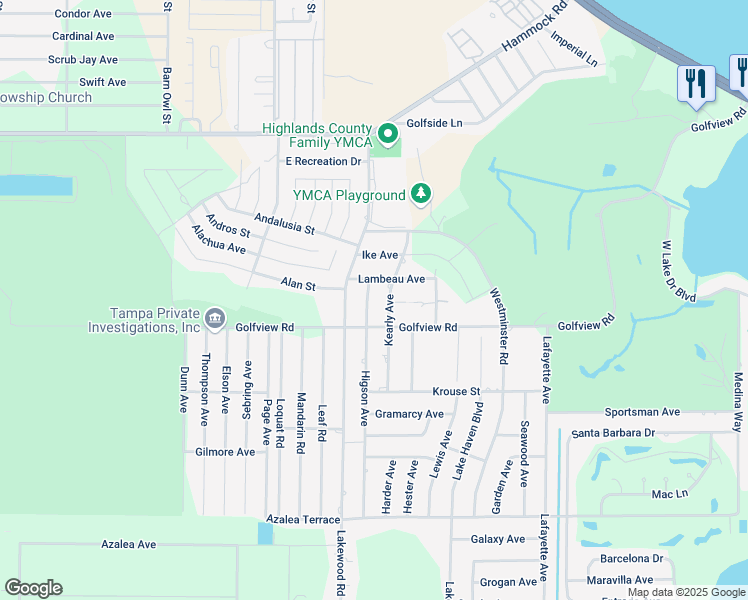 map of restaurants, bars, coffee shops, grocery stores, and more near 3707 Kearly Avenue in Sebring