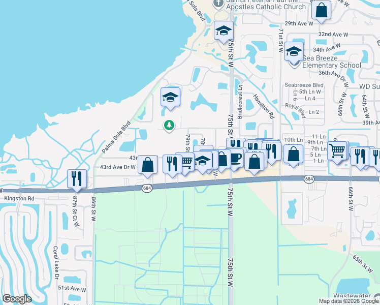 map of restaurants, bars, coffee shops, grocery stores, and more near 4112 79th Street West in Bradenton